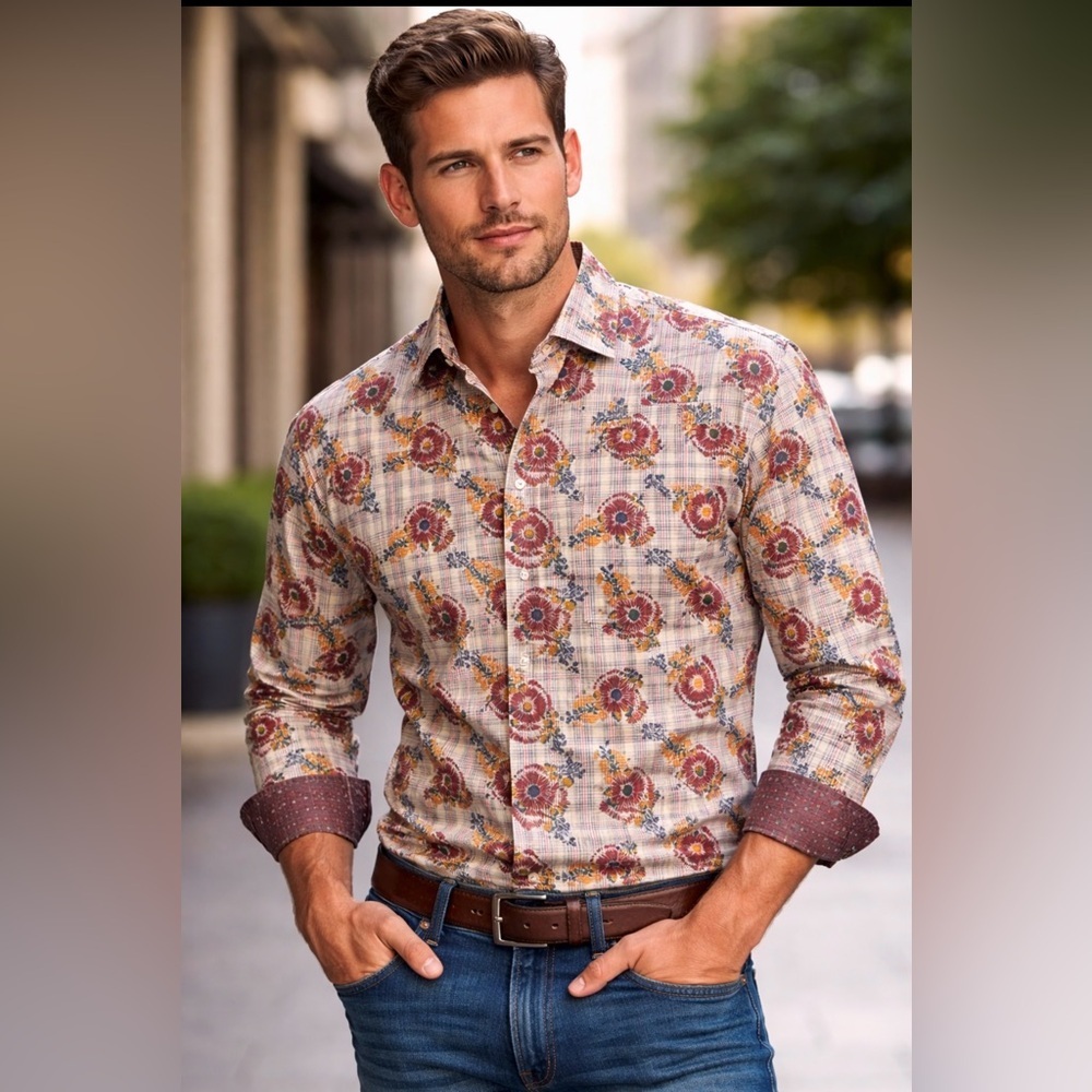 Luchiano Visconti Men’s Floral Plaid Button Down Shirt Size Large 100% Cotton
